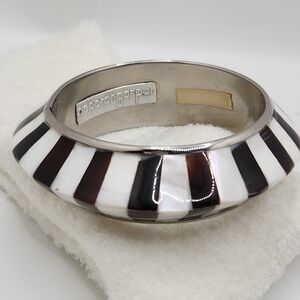 Chunky Bangle Black White Striped Mother of Pearl 8in Deborah Gaspar Luxury $125